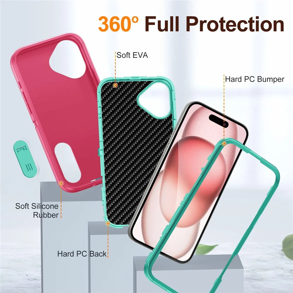 For iPhone 16 Plus Case Kickstand Phone Cover PC+Silicone+EVA 3-in-1 Design - Rose+Light Cyan - 4