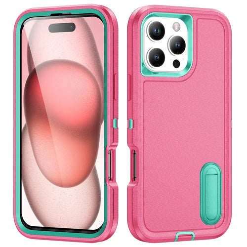 For iPhone 16 Pro Max Case Kickstand Shockproof PC+Silicone+EVA Phone Cover - Rose+Light Cyan - 1