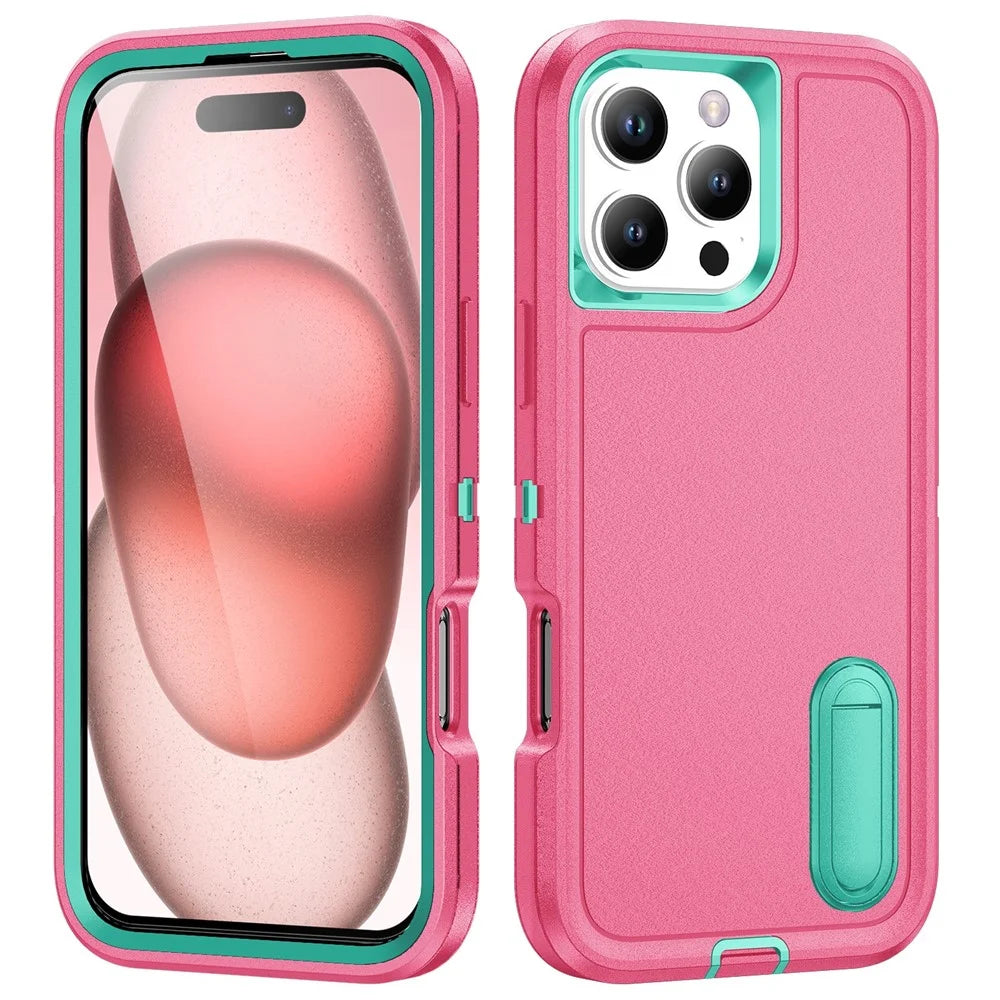 For iPhone 16 Pro Case PC+Silicone+EVA 3-in-1 Protective Phone Cover with Kickstand - Rose+Light Cyan - 1