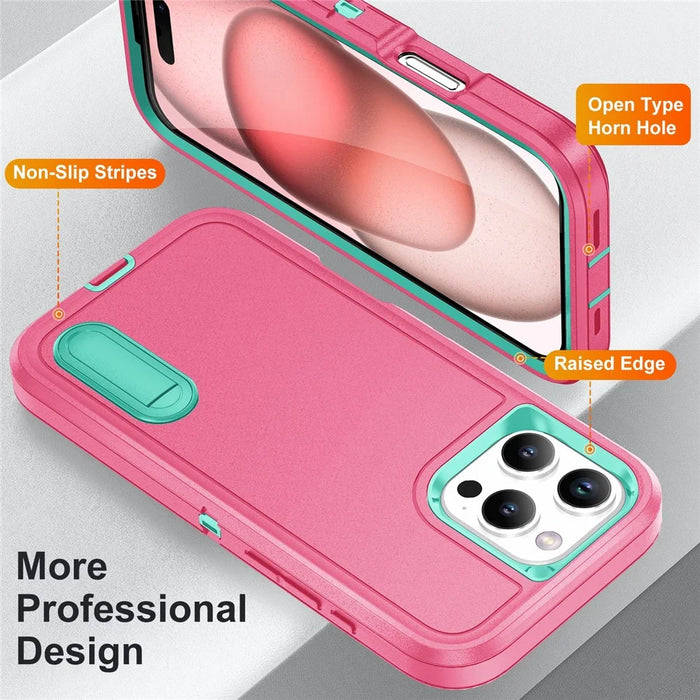 For iPhone 16 Pro Case PC+Silicone+EVA 3-in-1 Protective Phone Cover with Kickstand - Rose+Light Cyan - 3