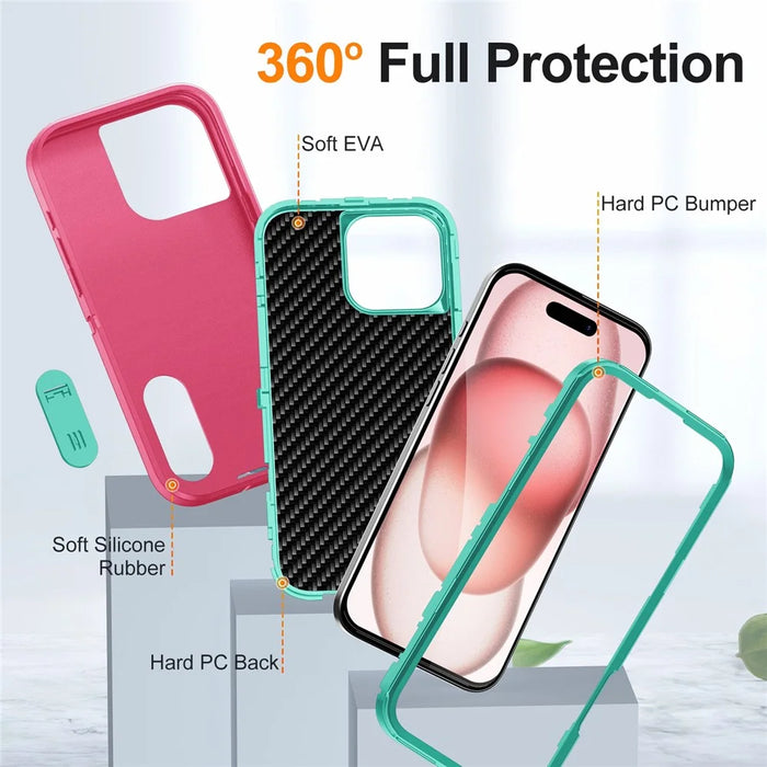 For iPhone 16 Pro Case PC+Silicone+EVA 3-in-1 Protective Phone Cover with Kickstand - Rose+Light Cyan - 4