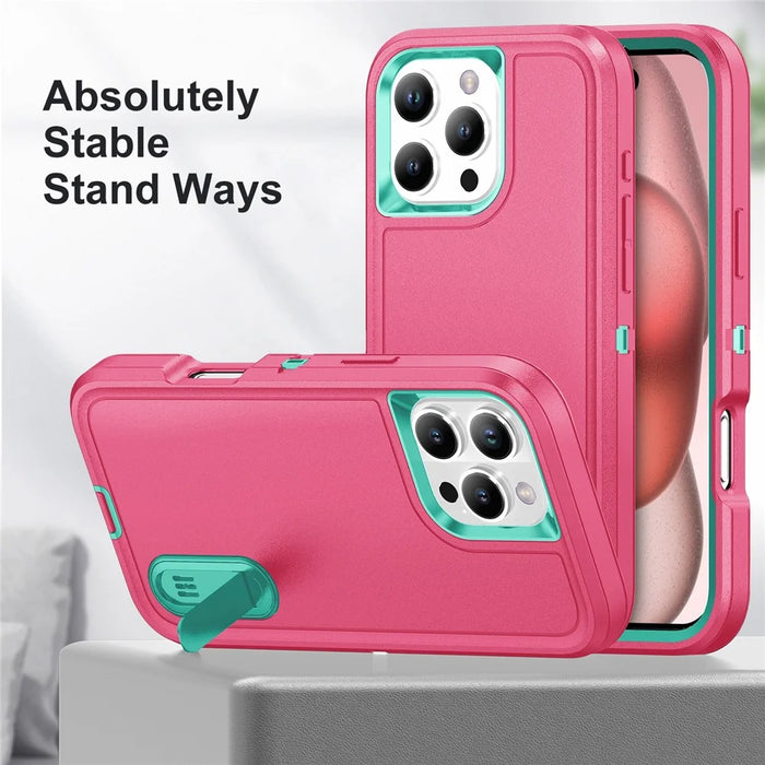 For iPhone 16 Pro Case PC+Silicone+EVA 3-in-1 Protective Phone Cover with Kickstand - Rose+Light Cyan - 6