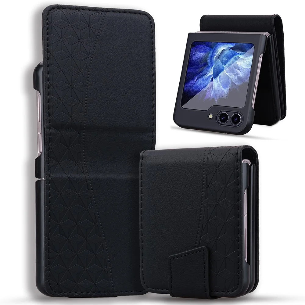 For Samsung Galaxy Z Flip7 FE 5G / Z Flip6 5G Case Rhombus Pattern Leather Phone Cover - Black - 1