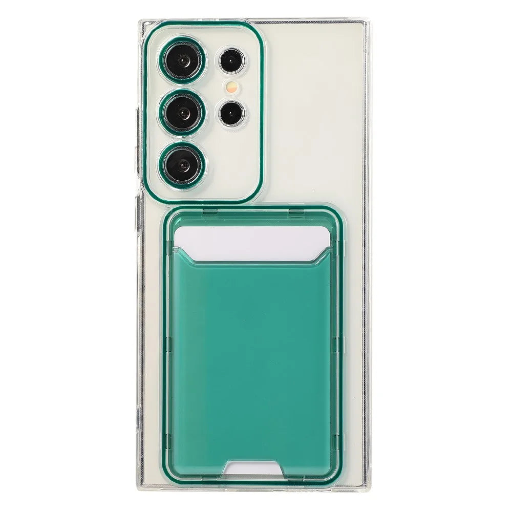 For Samsung Galaxy S22 Ultra 5G Case Transparent TPU Card Holder Phone Cover - Green - 1