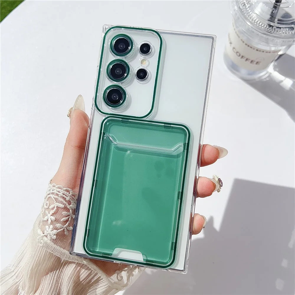 For Samsung Galaxy S22 Ultra 5G Case Transparent TPU Card Holder Phone Cover - Green - 3