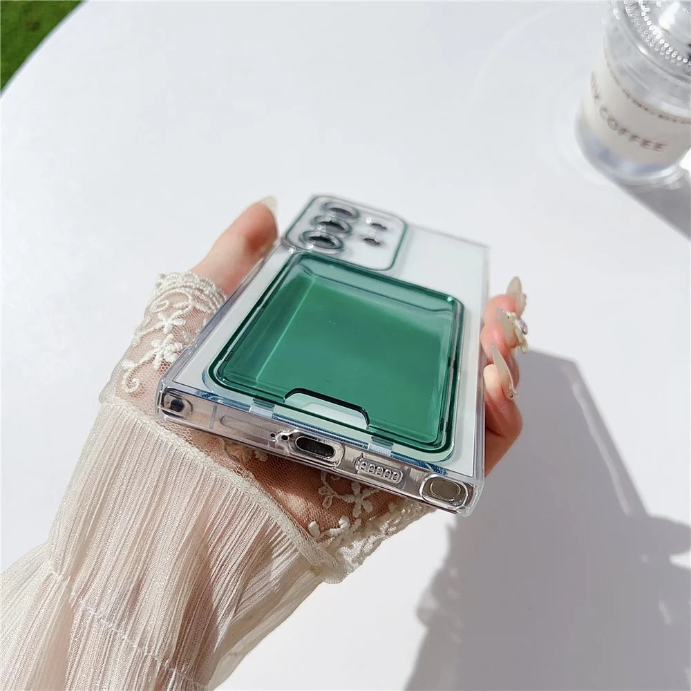 For Samsung Galaxy S22 Ultra 5G Case Transparent TPU Card Holder Phone Cover - Green - 6