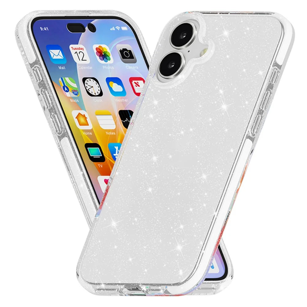 For iPhone 16 Case Glitter Bling PC+TPU+TPE Transparent Protective Phone Cover - 1