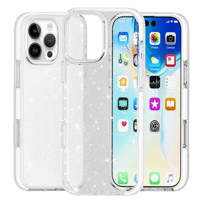 For iPhone 16 Pro Case PC Back TPU+TPE Frame Glitter Clear Sparkly Phone Cover - 2