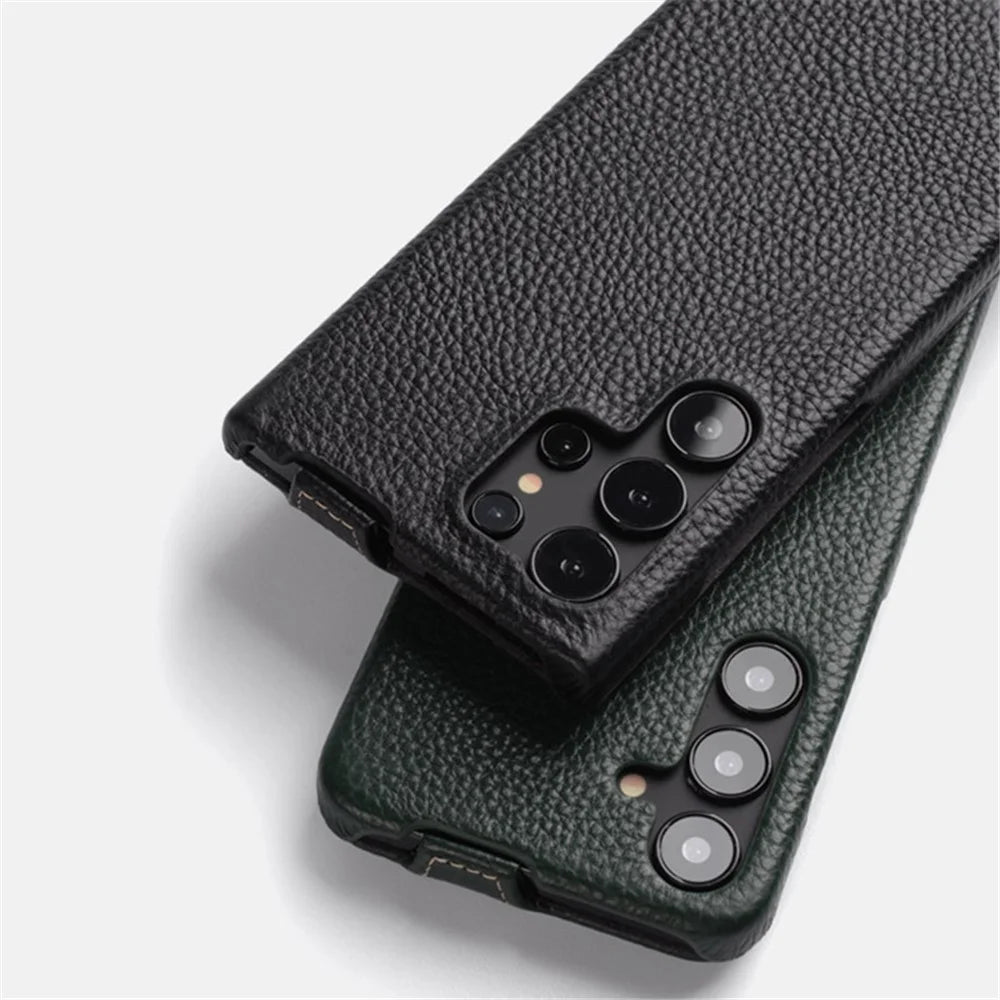 MELKCO For Samsung Galaxy S24 Ultra Case Genuine Cow Leather Phone Cover Vertical Up and Down Flip - Black - 3