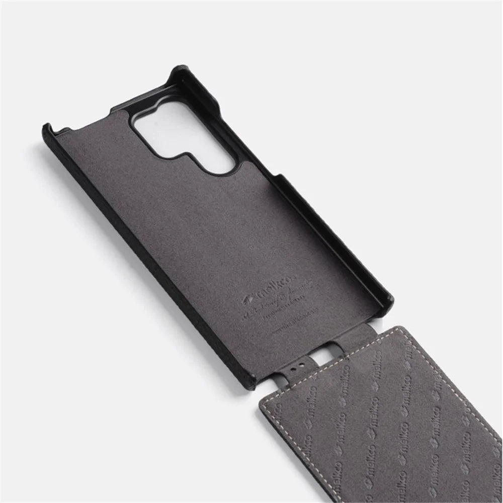 MELKCO For Samsung Galaxy S24 Ultra Case Genuine Cow Leather Phone Cover Vertical Up and Down Flip - Black - 4