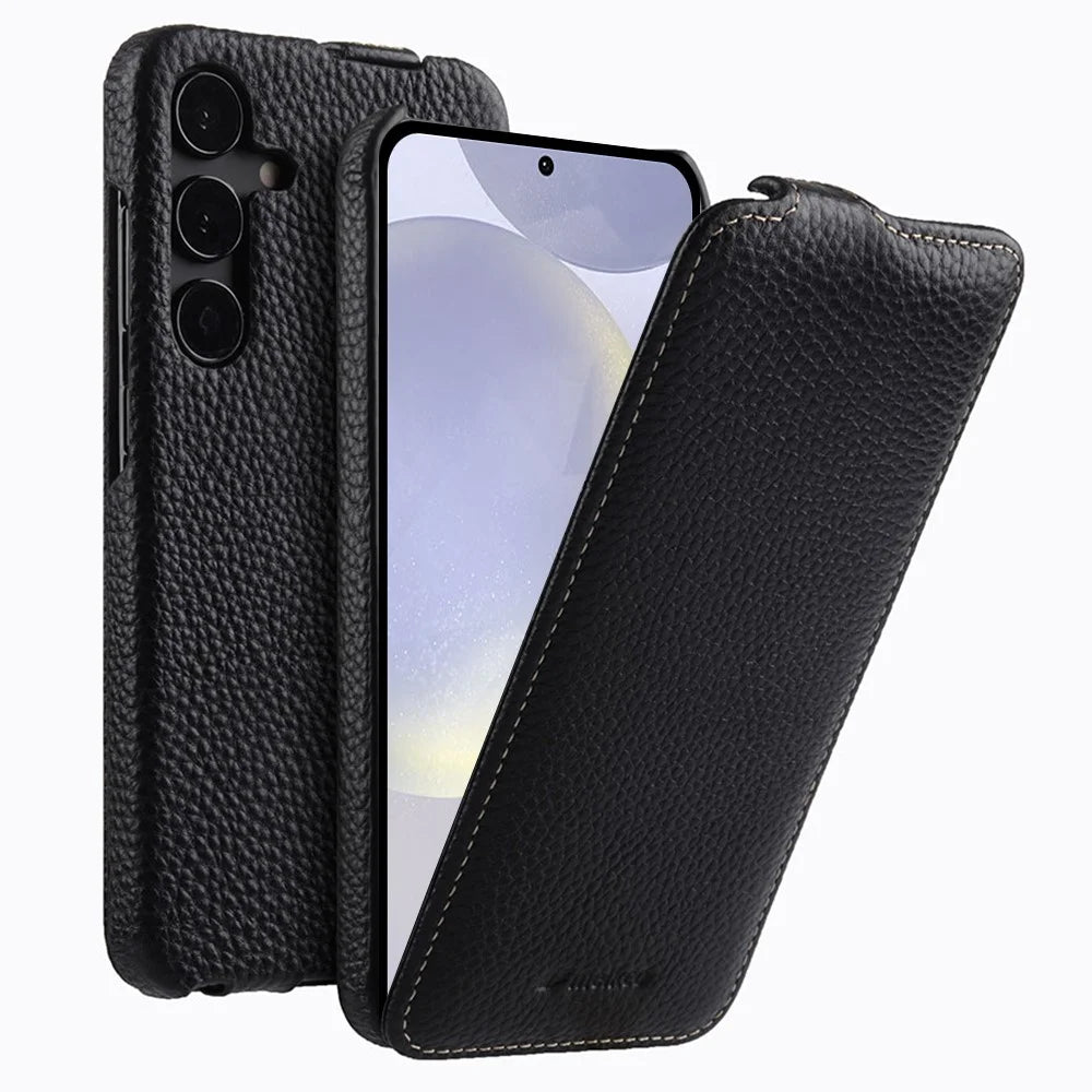 MELKCO For Samsung Galaxy S24+ Vertical Flip Case Genuine Cow Leather Protective Phone Cover - Black - 1