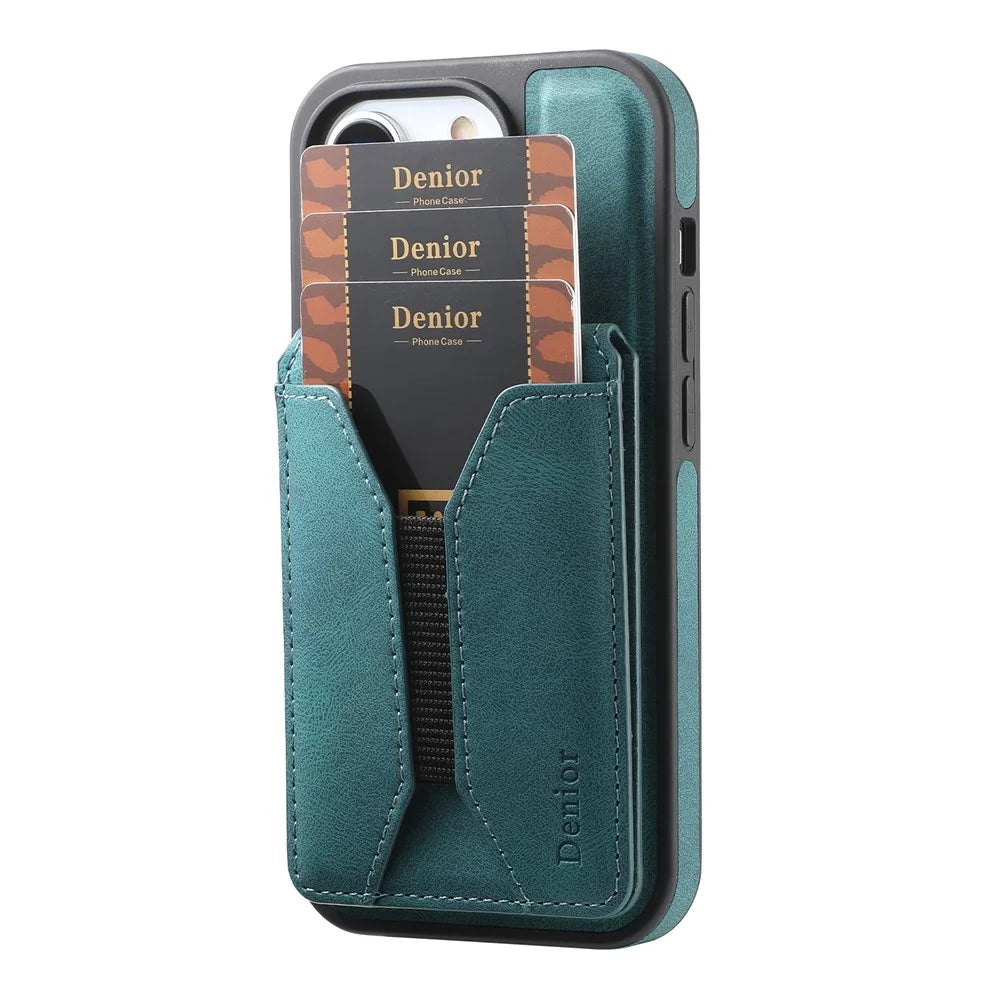 DENIOR D17 For iPhone 15 Pro Magnetic Case Leather Back Cover Detachable Card Bag Kickstand - Blue - 7