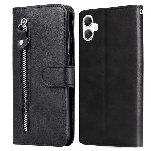 For Samsung Galaxy A06 4G Case Zipper Wallet Calf Texture PU Leather Phone Cover - Black - 1