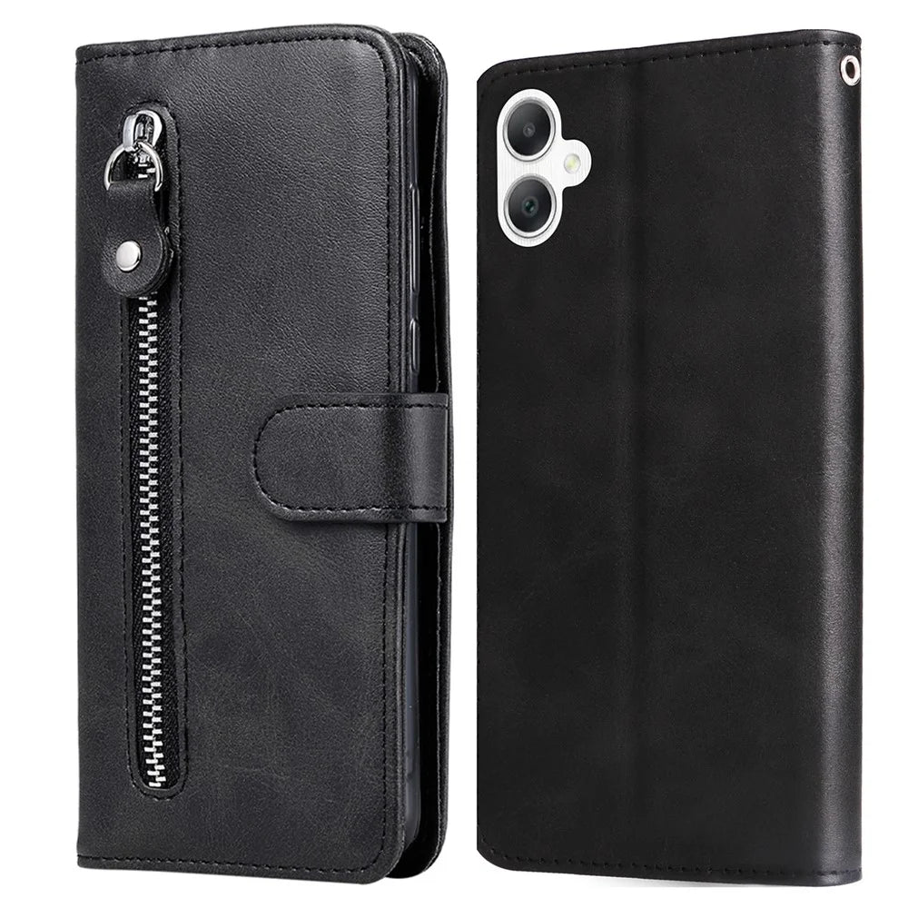 For Samsung Galaxy A06 4G Case Zipper Wallet Calf Texture PU Leather Phone Cover - Black - 1