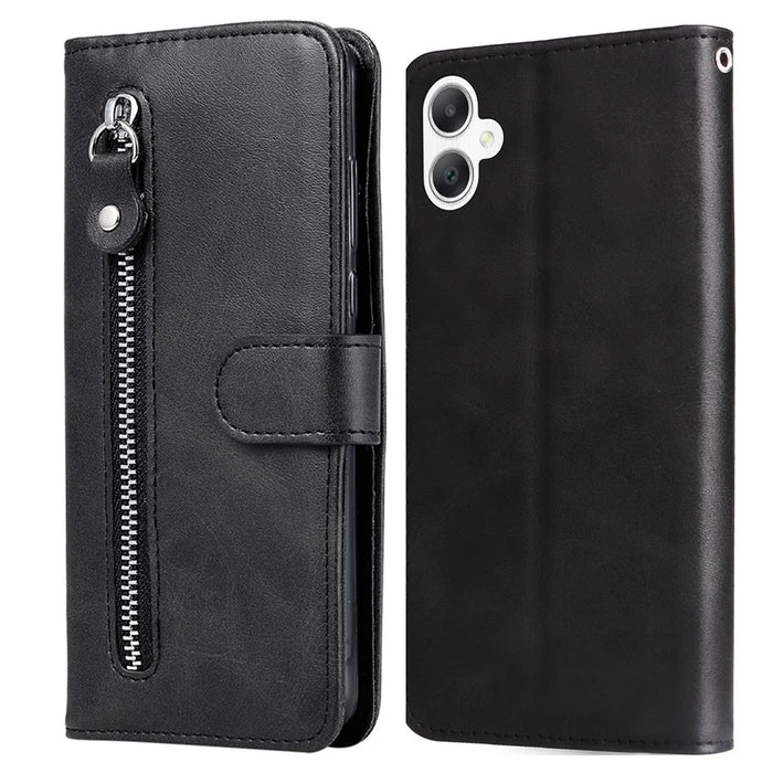 For Samsung Galaxy A06 4G Case Zipper Wallet Calf Texture PU Leather Phone Cover - Black - 1