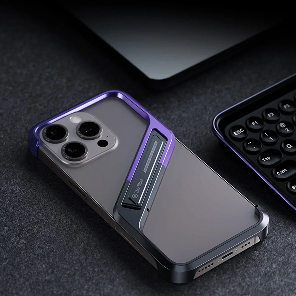 For iPhone 15 Pro Frameless Case S-Shaped Aluminium Alloy Phone Cover with Kickstand - Purple - 4