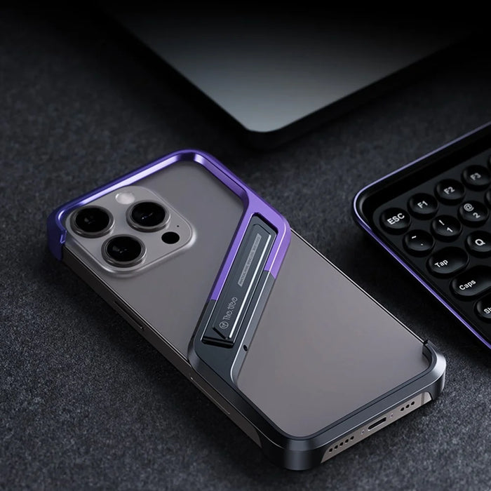 For iPhone 15 Pro Frameless Case S-Shaped Aluminium Alloy Phone Cover with Kickstand - Purple - 4