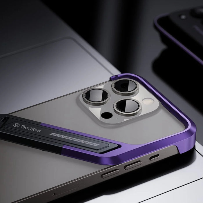 For iPhone 15 Pro Frameless Case S-Shaped Aluminium Alloy Phone Cover with Kickstand - Purple - 6