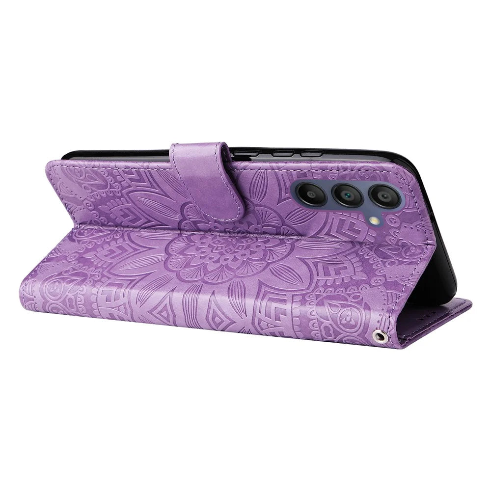 For Samsung Galaxy A18 5G / A18 4G / A17 5G / A17 4G / A26 5G / A16 5G / A16 4G Case Sunflower Imprint Leather Wallet Phone Cover - Purple - 4