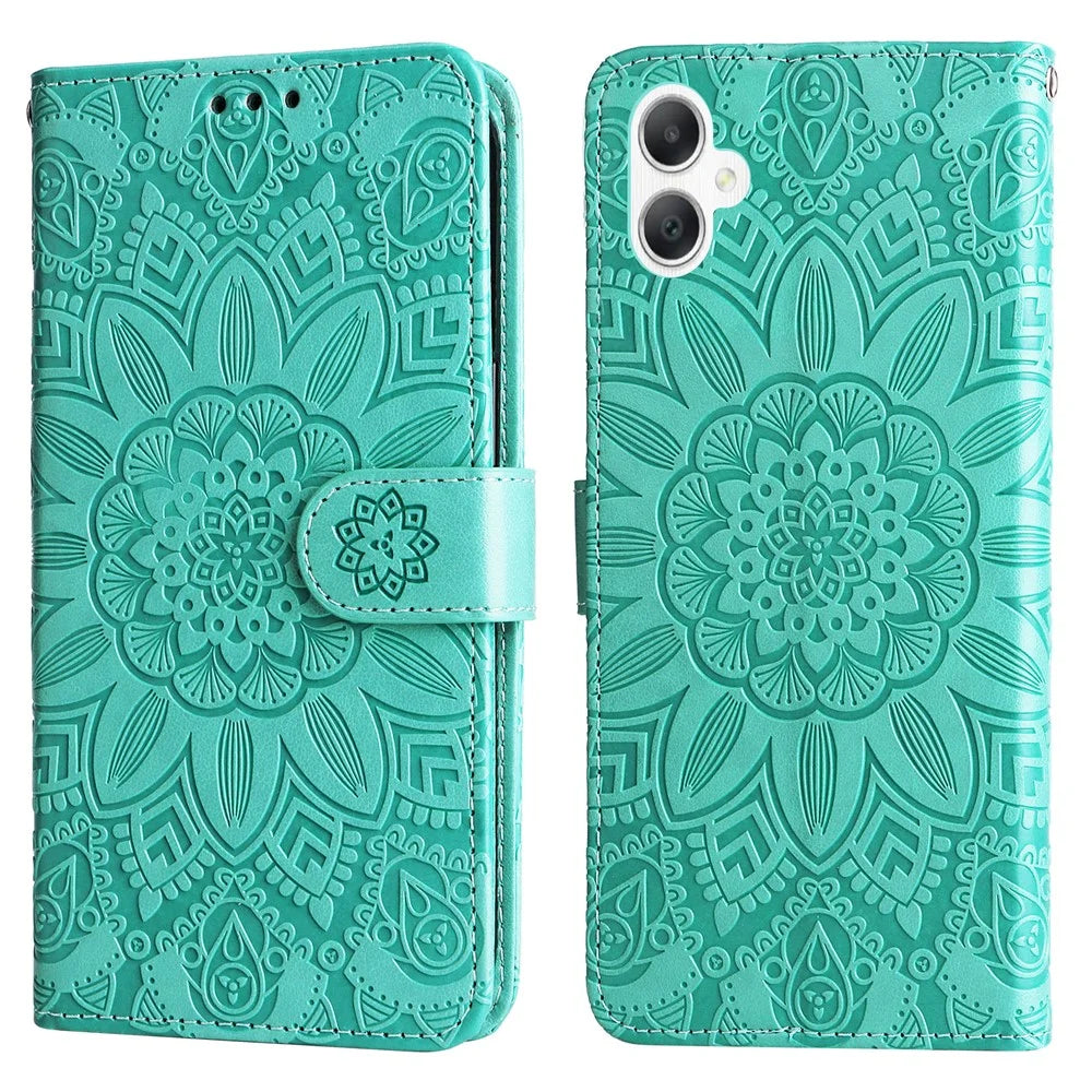 For Samsung Galaxy A06 4G Case Sunflower Imprint Leather Wallet Phone Cover - Green - 1