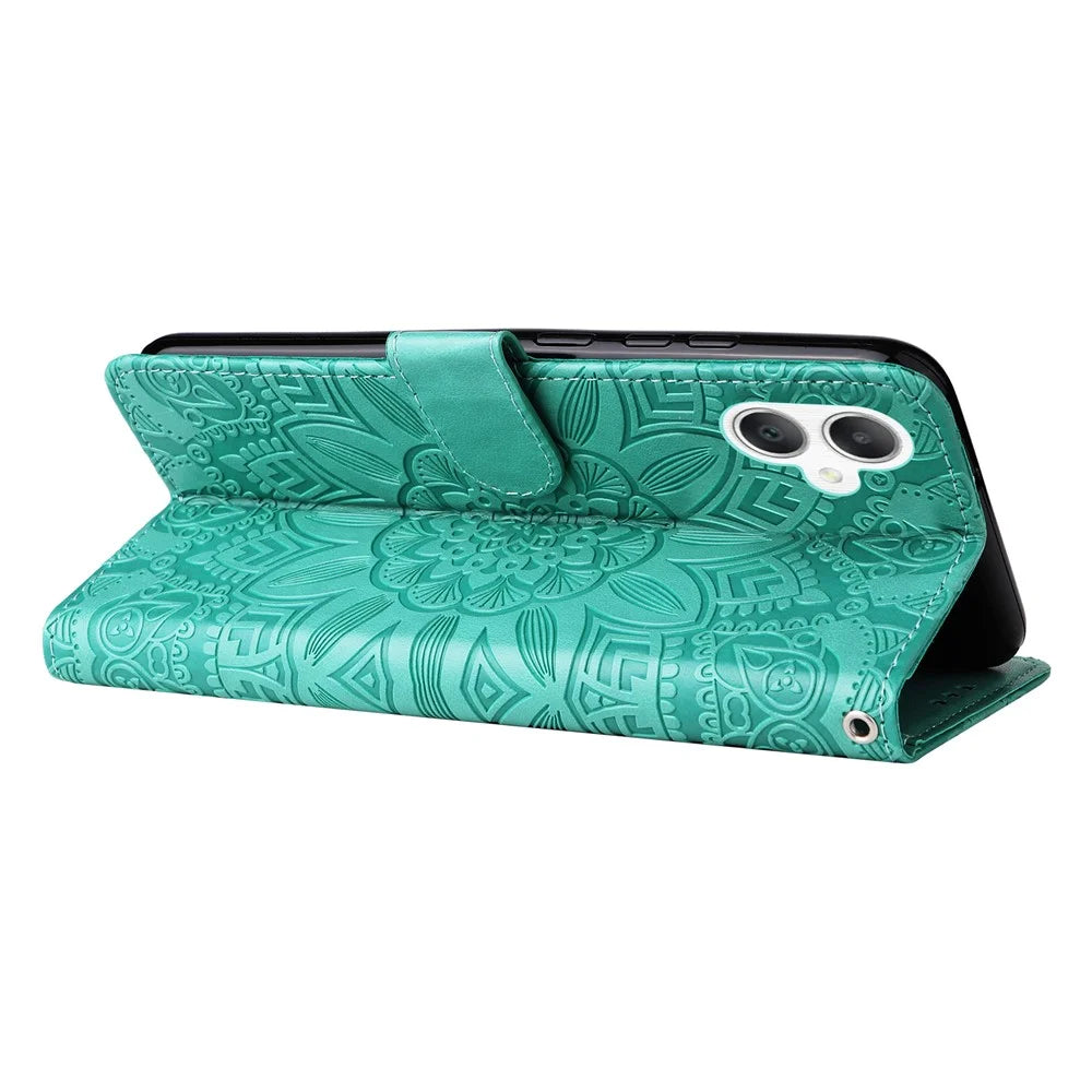 For Samsung Galaxy A06 4G Case Sunflower Imprint Leather Wallet Phone Cover - Green - 4