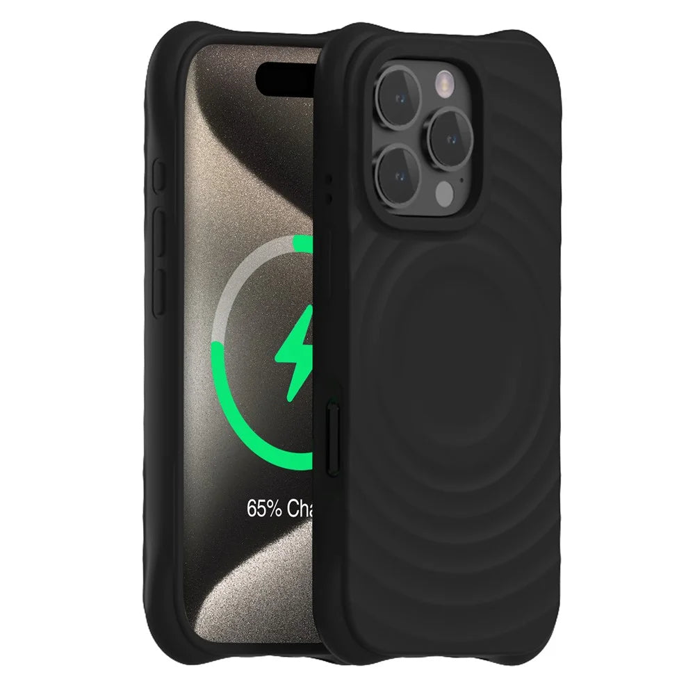 For iPhone 16 Pro Max Magnetic Case Ripple Texture PC+Liquid Silicone Phone Cover Microfiber Lining - Black - 1