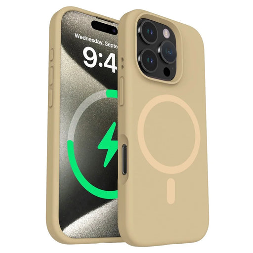 For iPhone 16 Pro Magnetic Case with Microfiber Lining PC+Liquid Silicone Phone Cover - Coffee - 1