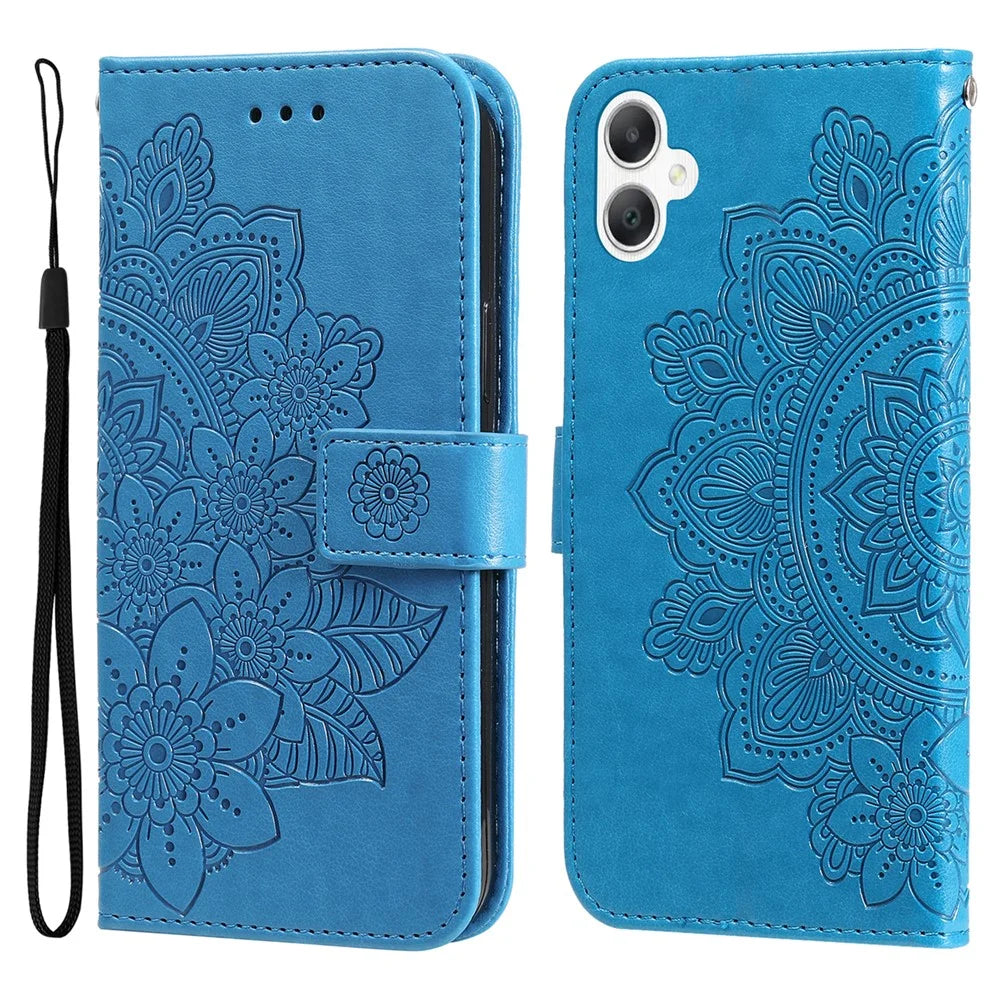 For Samsung Galaxy A06 4G Case Floral Pattern PU Leather Wallet Stand Phone Cover - Blue - 1