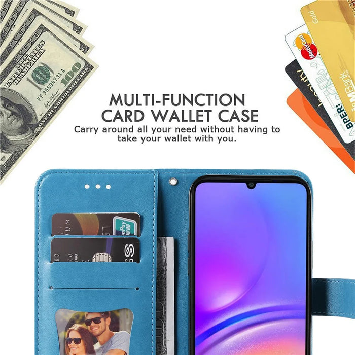 For Samsung Galaxy A06 4G Case Floral Pattern PU Leather Wallet Stand Phone Cover - Blue - 6