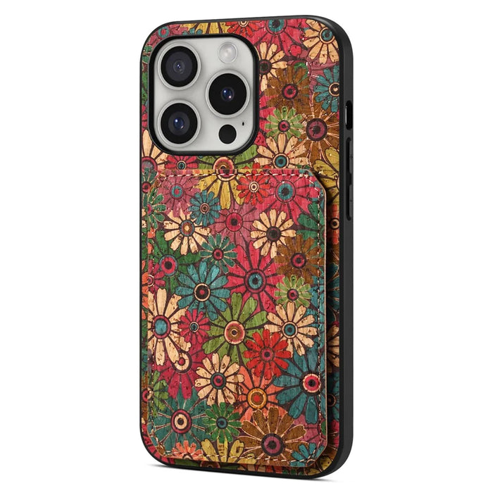 For iPhone 16 Pro Max Case with Card Holder Flowers Design Leather Phone Cover Kickstand - Spring  /  Green - 1