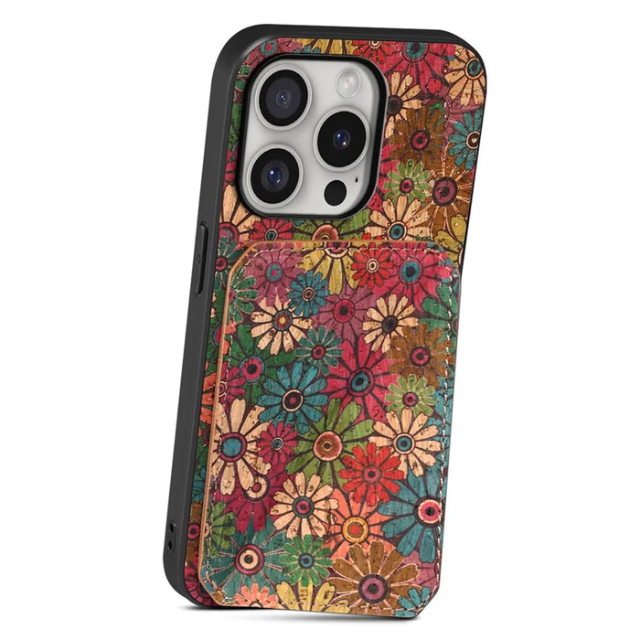 For iPhone 16 Pro Max Case with Card Holder Flowers Design Leather Phone Cover Kickstand - Spring  /  Green - 2