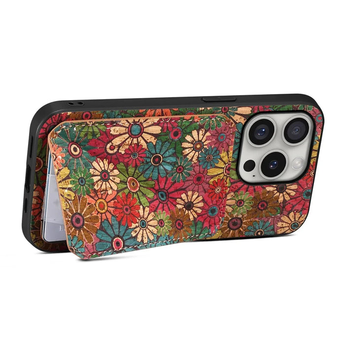 For iPhone 16 Pro Max Case with Card Holder Flowers Design Leather Phone Cover Kickstand - Spring  /  Green - 3