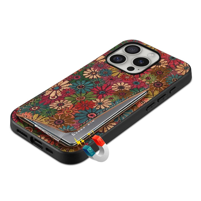For iPhone 16 Pro Max Case with Card Holder Flowers Design Leather Phone Cover Kickstand - Spring  /  Green - 4