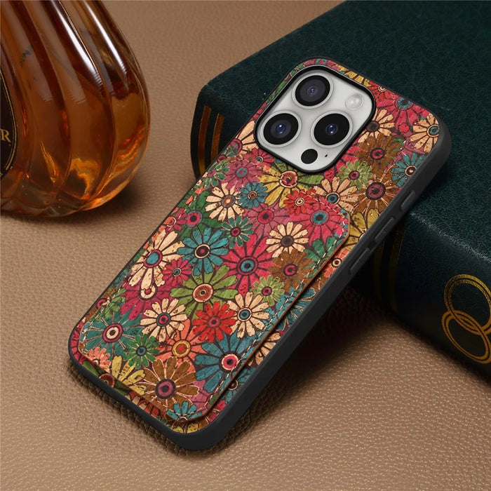 For iPhone 16 Pro Max Case with Card Holder Flowers Design Leather Phone Cover Kickstand - Spring  /  Green - 6