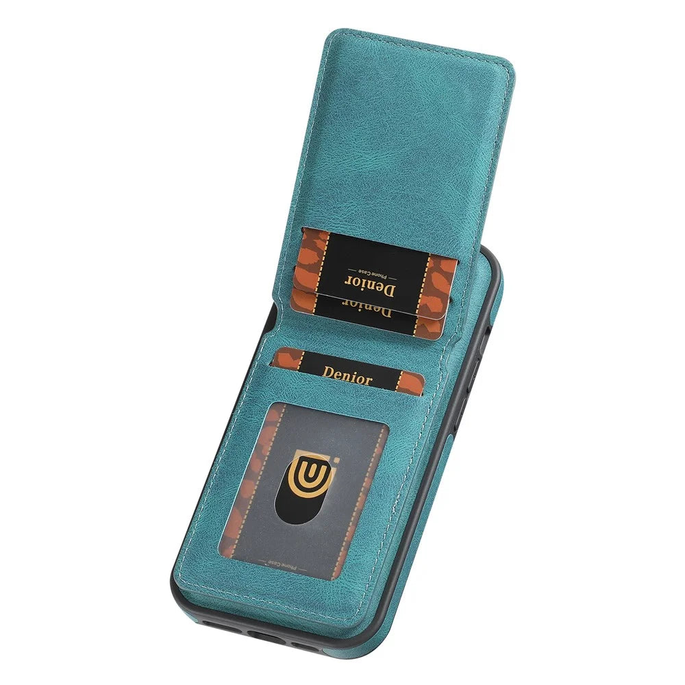 DENIOR D18 For iPhone 15 Pro Max Case Rotary Kickstand Card Bag Leather Back Phone Cover - Blue - 4