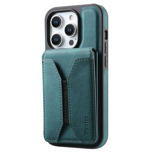DENIOR D18 For iPhone 15 Pro Case Ring Kickstand Leather+PC+TPU Phone Cover Card Holder - Blue - 1