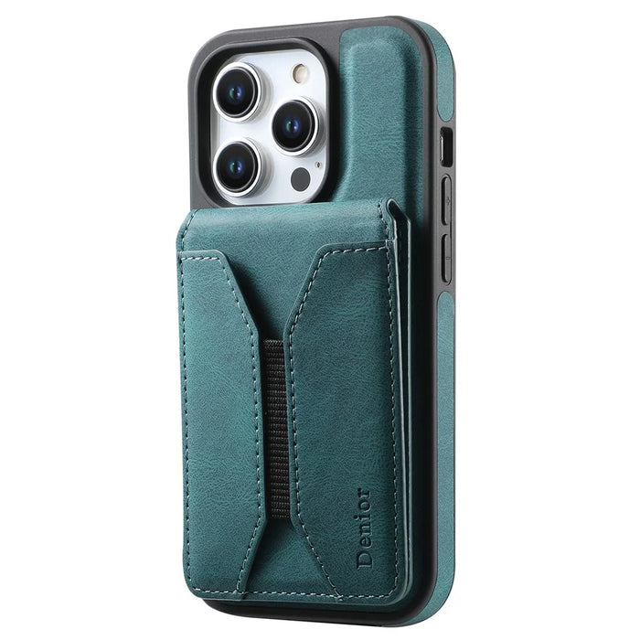 DENIOR D18 For iPhone 15 Pro Case Ring Kickstand Leather+PC+TPU Phone Cover Card Holder - Blue - 1