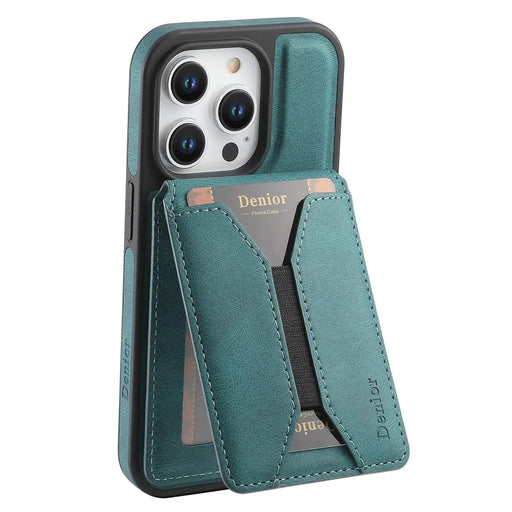 DENIOR D18 For iPhone 15 Pro Case Ring Kickstand Leather+PC+TPU Phone Cover Card Holder - Blue - 2