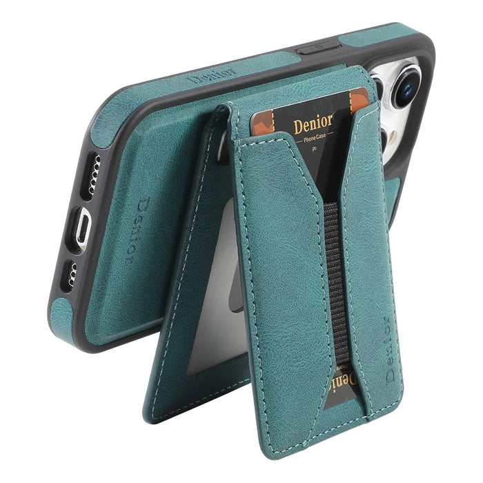 DENIOR D18 For iPhone 15 Pro Case Ring Kickstand Leather+PC+TPU Phone Cover Card Holder - Blue - 3