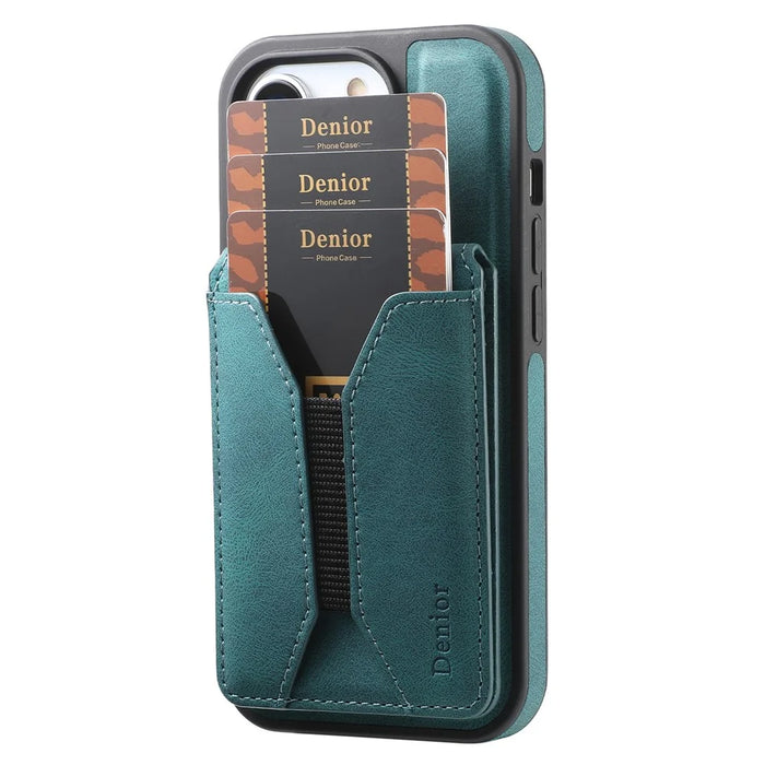 DENIOR D18 For iPhone 15 Pro Case Ring Kickstand Leather+PC+TPU Phone Cover Card Holder - Blue - 6
