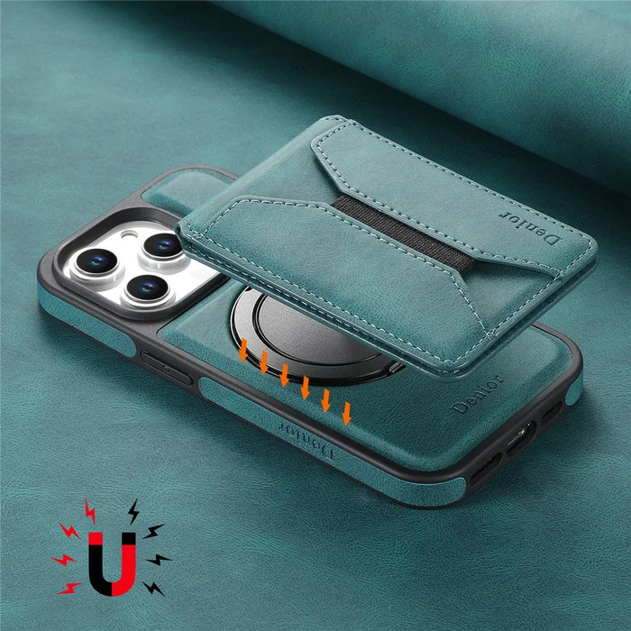DENIOR D18 For iPhone 15 Pro Case Ring Kickstand Leather+PC+TPU Phone Cover Card Holder - Blue - 7