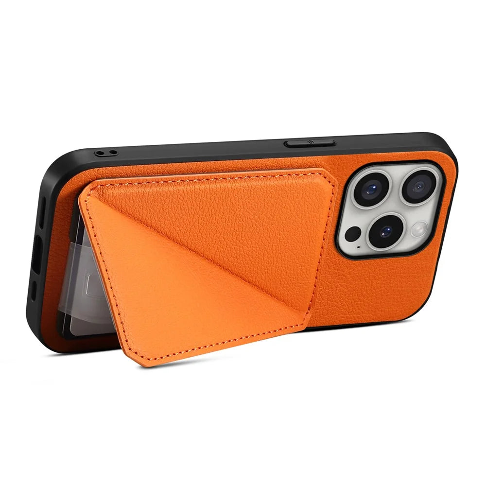 DENIOR D04 For iPhone 16 Pro Max Case Dual Card Slots Kickstand Leather+PC+TPU Cover - Orange - 3