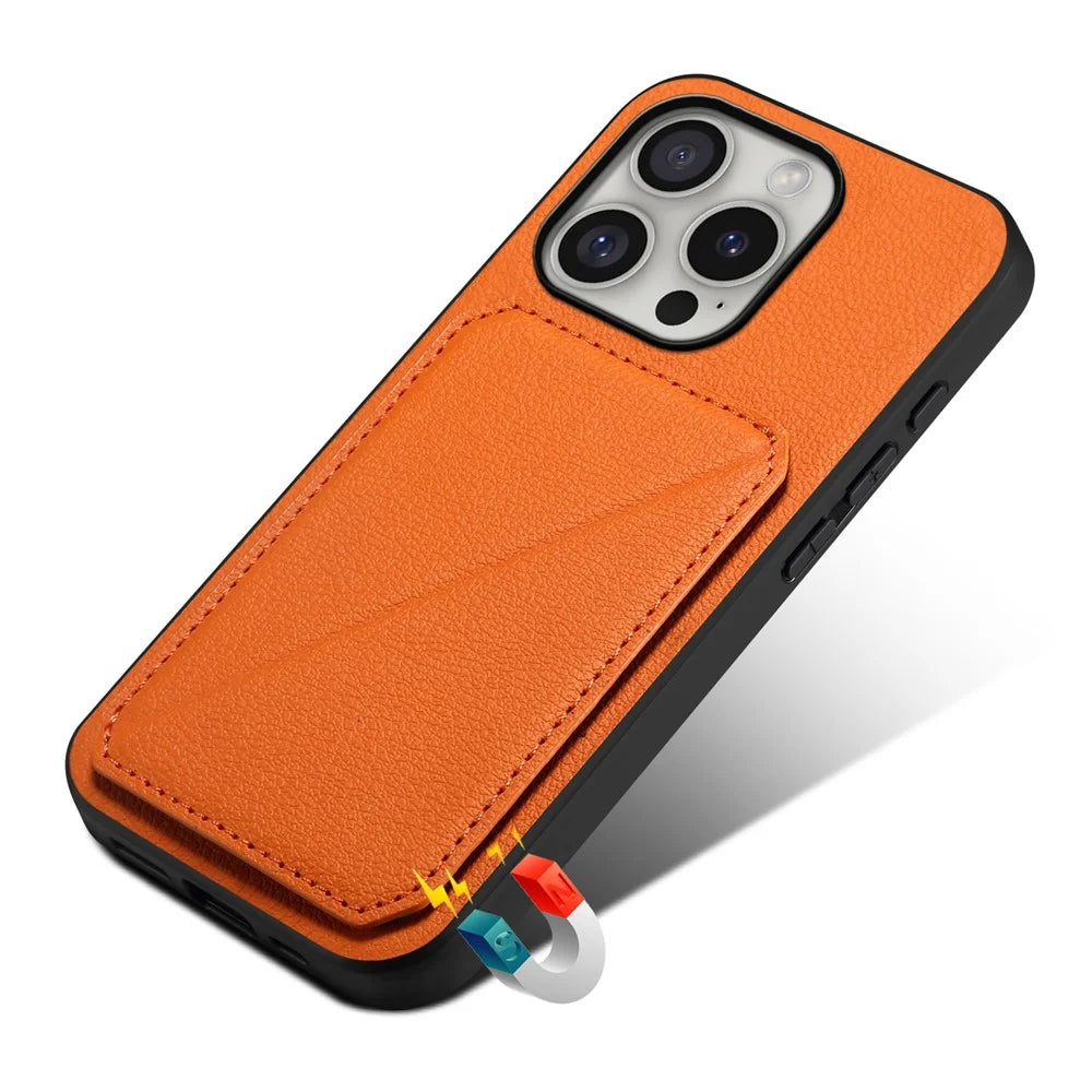DENIOR D04 For iPhone 16 Pro Max Case Dual Card Slots Kickstand Leather+PC+TPU Cover - Orange - 5