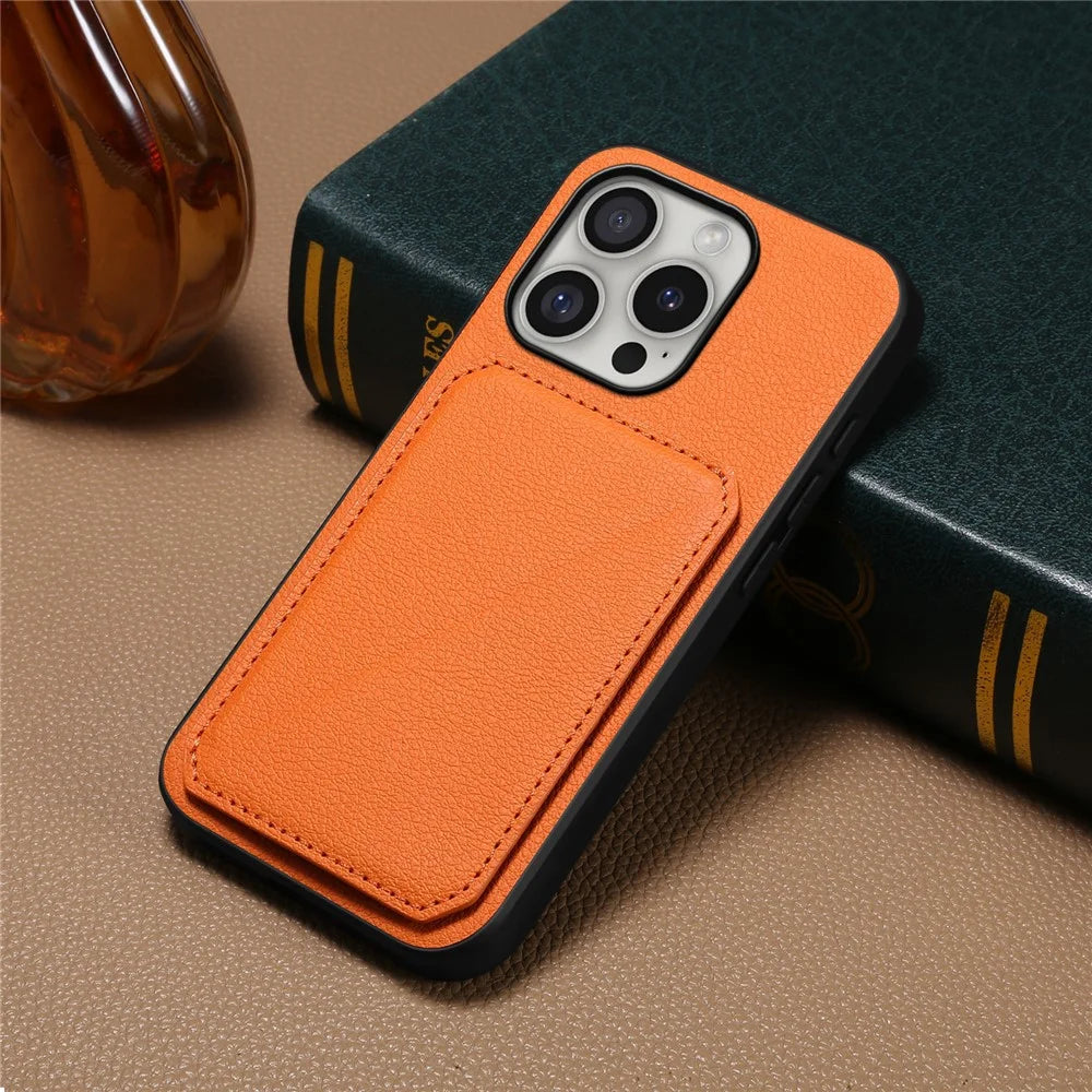 DENIOR D04 For iPhone 16 Pro Max Case Dual Card Slots Kickstand Leather+PC+TPU Cover - Orange - 6