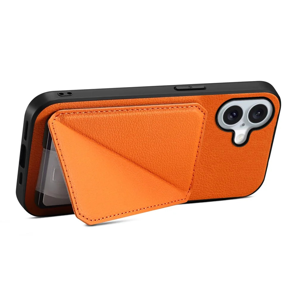DENIOR D04 For iPhone 16 Plus Case Dual Card Slots Leather Coated PC+TPU Phone Cover - Orange - 3