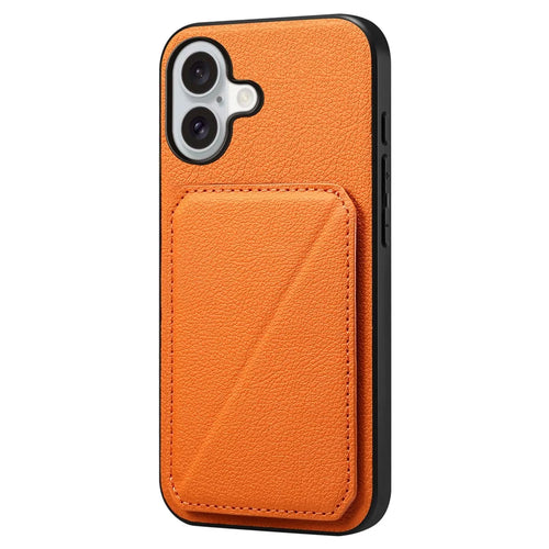 DENIOR D04 For iPhone 16 Case Dual Card Slots Leather+PC+TPU Kickstand Phone Cover - Orange - 1