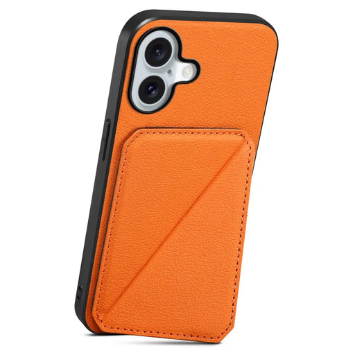 DENIOR D04 For iPhone 16 Case Dual Card Slots Leather+PC+TPU Kickstand Phone Cover - Orange - 2
