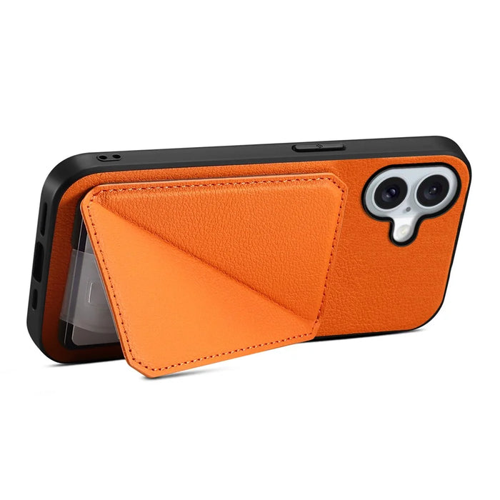 DENIOR D04 For iPhone 16 Case Dual Card Slots Leather+PC+TPU Kickstand Phone Cover - Orange - 3