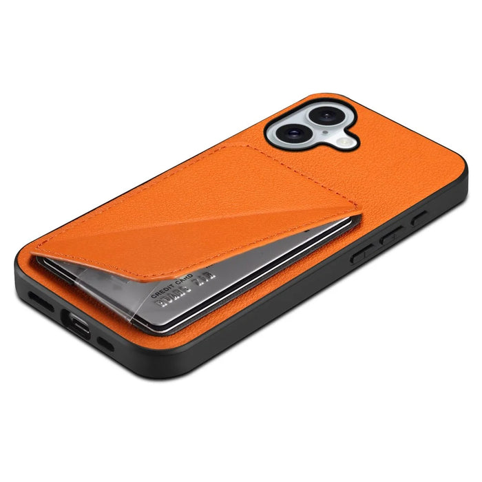 DENIOR D04 For iPhone 16 Case Dual Card Slots Leather+PC+TPU Kickstand Phone Cover - Orange - 4