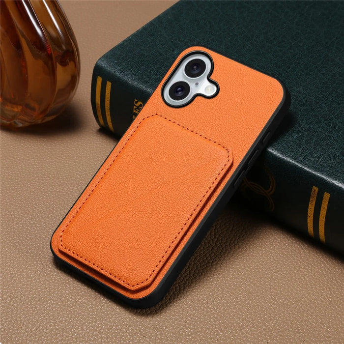DENIOR D04 For iPhone 16 Case Dual Card Slots Leather+PC+TPU Kickstand Phone Cover - Orange - 6